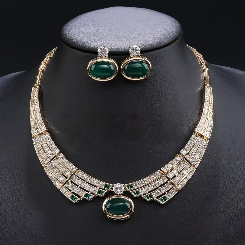 Elegant Emerald & Diamond Gold-Plated Necklace Set